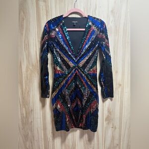 Express Multicolor Sequin Long Sleeve V-Neck Dress